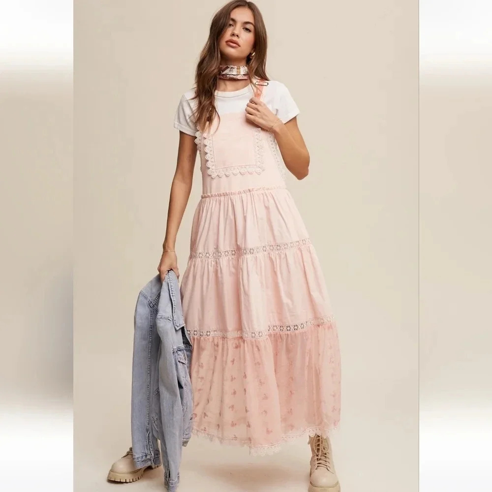 Listicle Embroidered Skirtall Overall Jumper Midi Dress Pink New